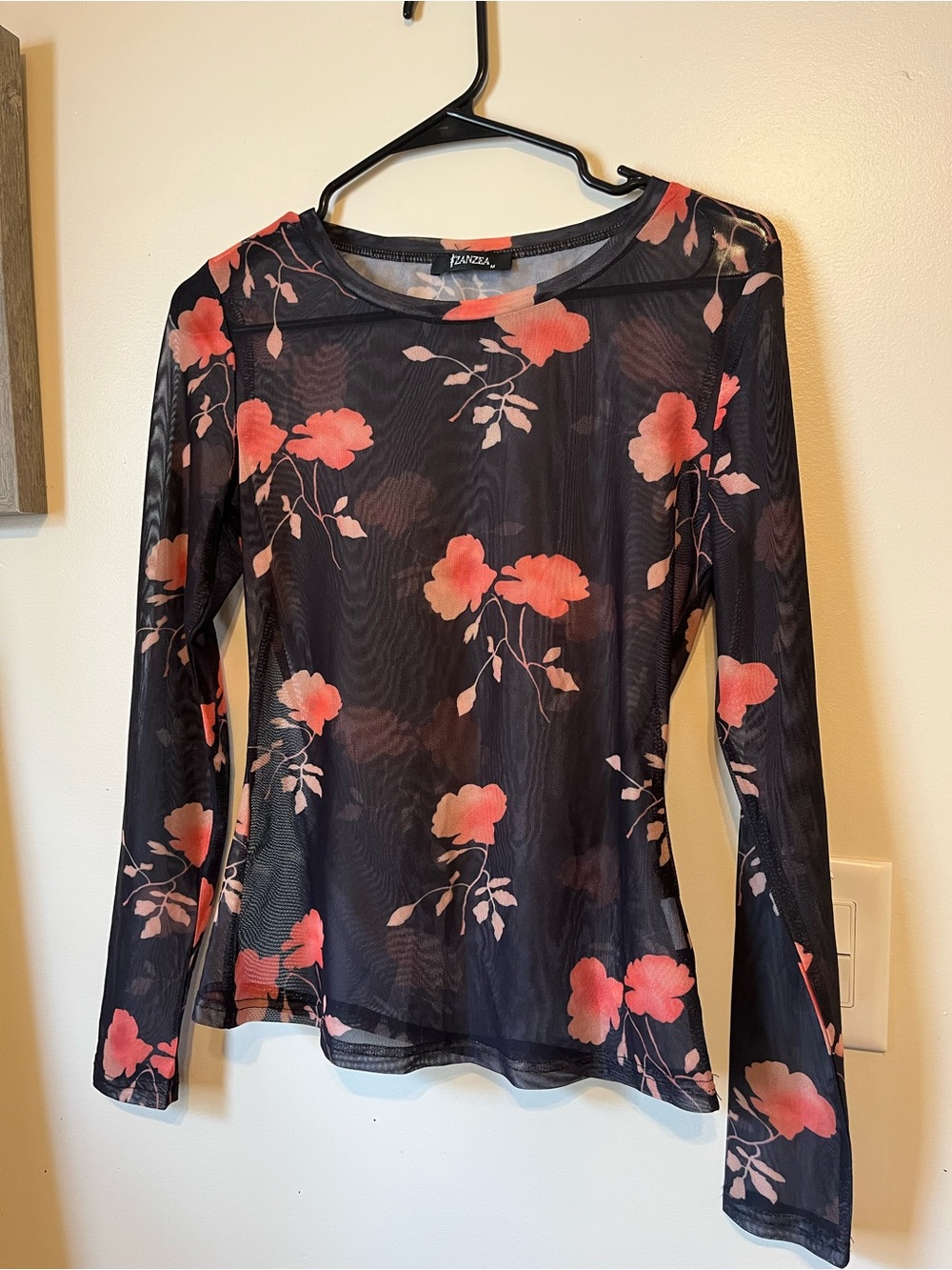 Zanzea Black Mesh Long Sleeve Top with Coral Pink Floral Print